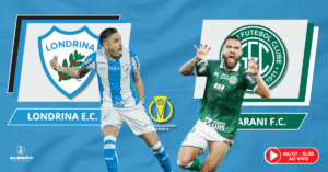 Imagem mostra jogadores do Londrina e Guarani em destaque com escudos dos clubes e chamada para a transmissão do jogo da Série C no dia 06/07 às 15h30 no Canal Alemão Futebol.